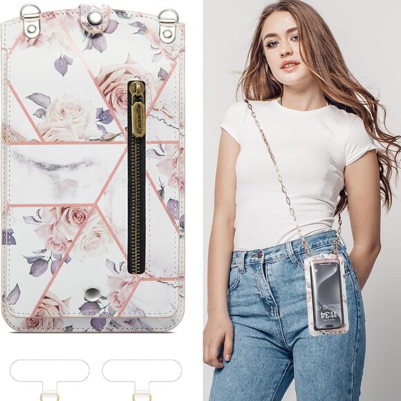 Small Rose Marble Leather Cell Phone Purse with Card Slots & Crossbody Chain, Fi - Picture 1 of 9